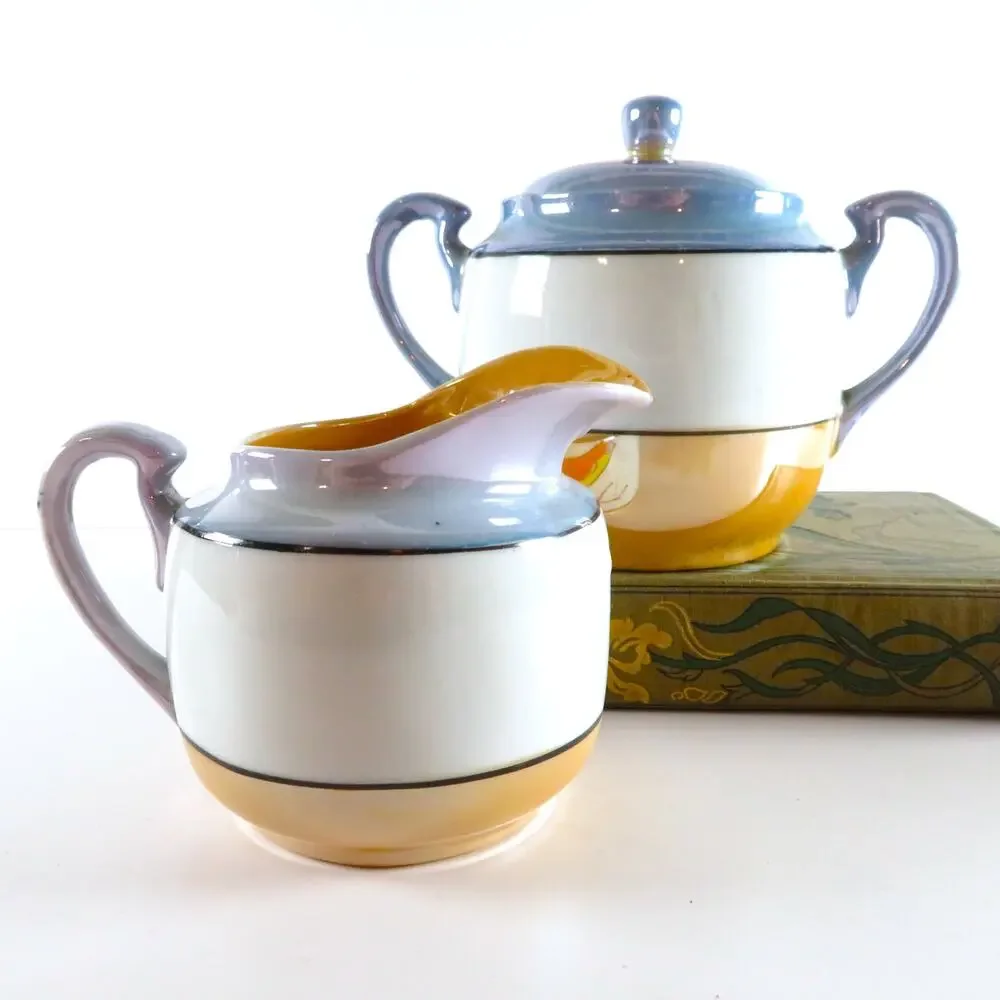 Antique Nippon Japan Cream and Lidded Sugar Set Floral and Bird Luster Finish